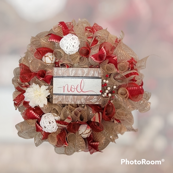 Handmade Noel Wreath,  Red and White Accents - Picture 4 of 4